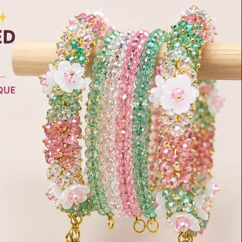 Luxury Handmade Floral Beaded Bangle Set | Elegant Crystal Bracelet for Women | Custom Gift | Wedding & Party Jewelry