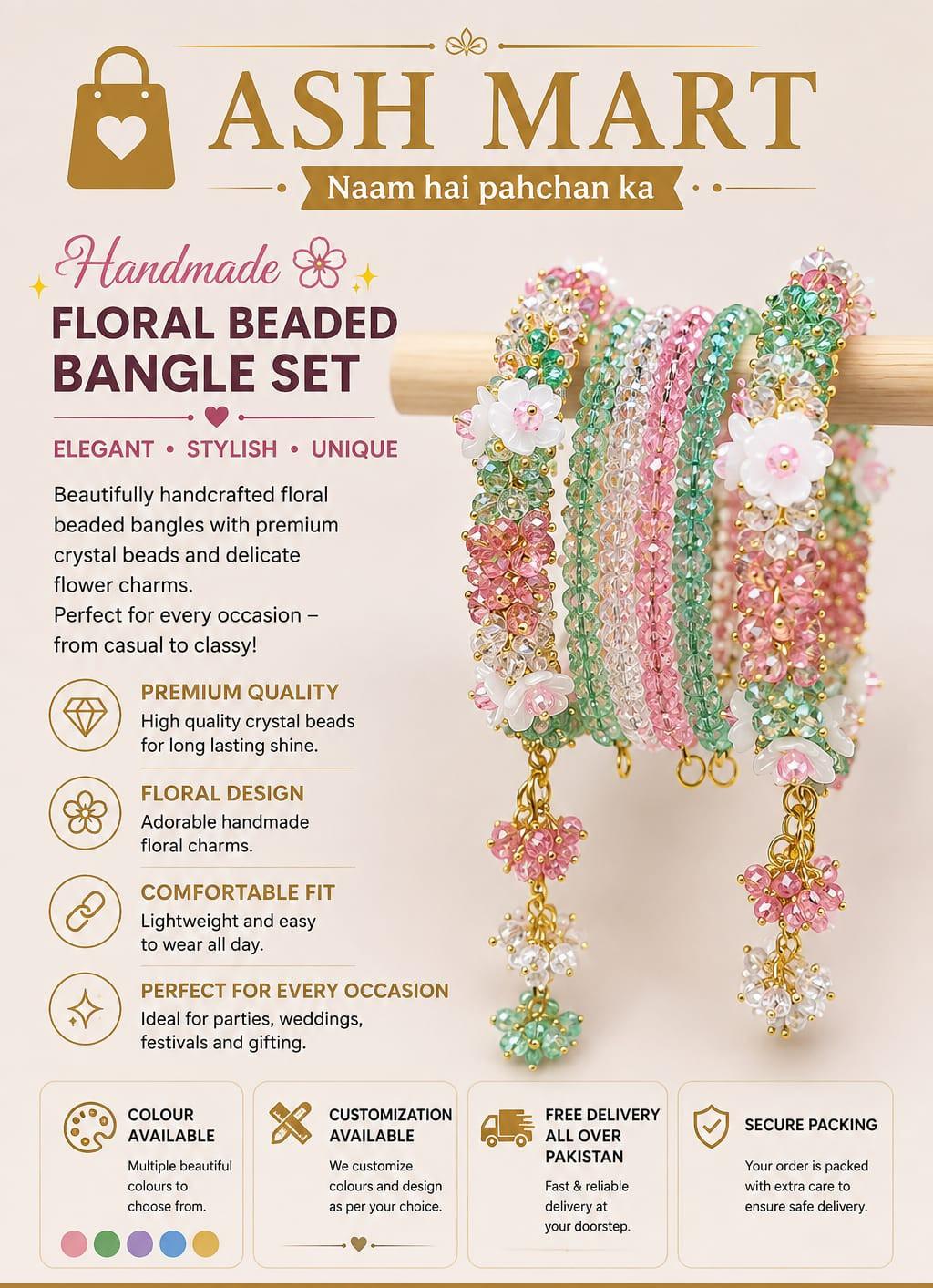 Luxury Handmade Floral Beaded Bangle Set | Elegant Crystal Bracelet for Women | Custom Gift | Wedding & Party Jewelry
