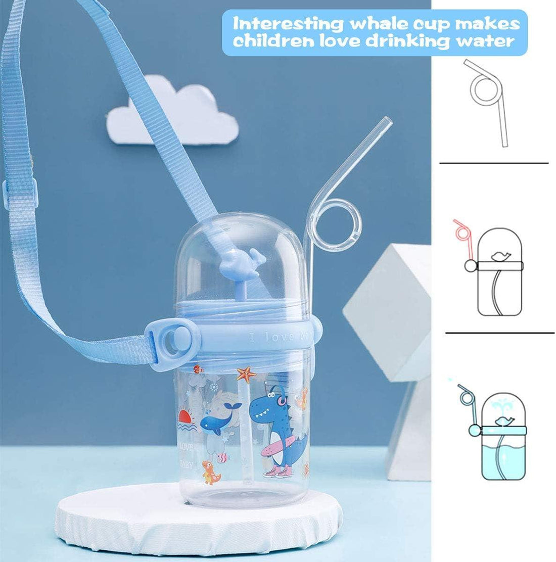 Water Cup Drop Proof Strap Design Plastic Whale Spray Drinking Cup for Children